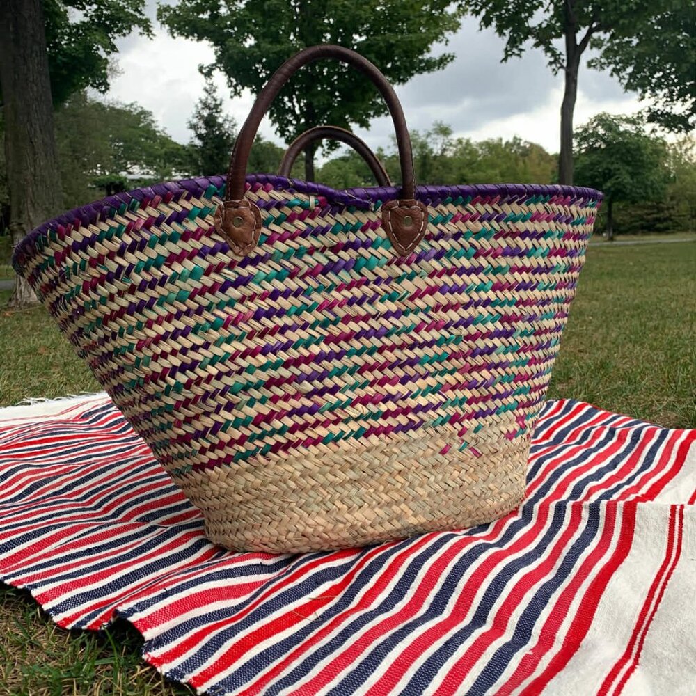 NWT french basket genuine leather straps -moroccan basket - woven bag -  bag XL - Picture 4 of 6
